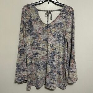 Cupio Blush Blouse L Multicolor Bell Sleeve Top Floral Tie-Back Cottagecore Boho